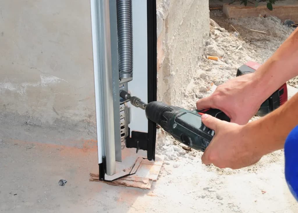 A technician repairing a garage door torsion spring